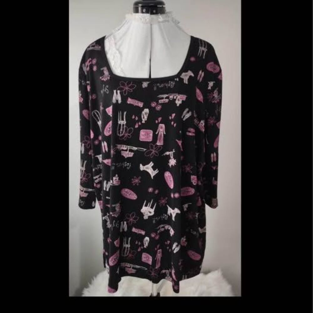 2X Carolyn Straus Black Pink Tunic Blouse 3/4 Sleeve Purse Dog Shoes 27”pit-pit